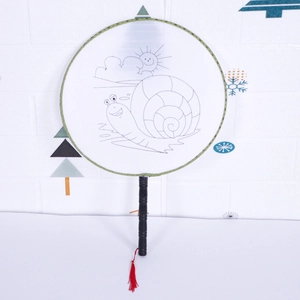 DIY hand-painted cartoon fan for kids featuring snails and sun with red silk tassel