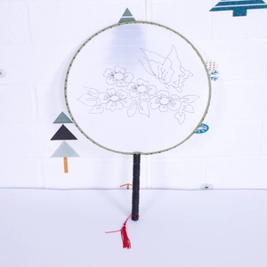 DIY hand-painted Chinese round fan with flower butterfly outlines and red tassel