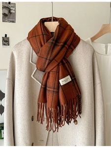 Detail of caramel plaid faux cashmere scarf with tassels on a beige coat