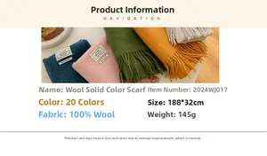 Detail specifications of 100% pure wool scarves showing weight, size and varied colors