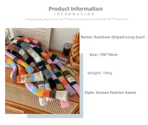Detail view of rainbow knit scarf with specifications 190x10cm and soft color block design