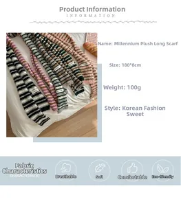Detailed view of striped knit scarf specifications with soft plush texture and size info