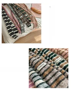 Macro view of striped knit scarf texture with a woven label on thick soft wool yarn