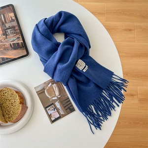 Classic royal blue 100% pure wool scarf with decorative fringe tassels for winter warmth