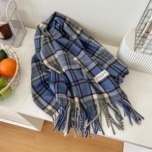 Écharpe à carreaux bleus et blancs avec de longues franges et maille douce chaude