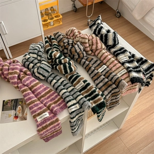 Women Winter Striped Knitted Long Scarf Y2K Style Warm Soft Polyester Neck Wrap Casual Decorative Scarf For Ladies