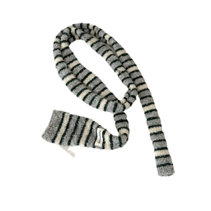 Striped knit wool blend scarf in grey, cream and dark green with a minimalist brand label