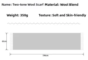 Specifications of dual-color wool blend scarf with fringe showing dimensions and 350g weight