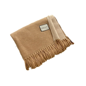 Two-tone wool blend scarf in camel and oatmeal with elegant long tassels