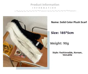 Detail view of plush scarf dimensions 185x5cm with minimalist brand logo tag