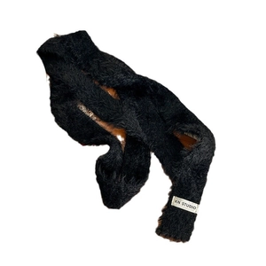 Solid black plush faux fur narrow scarf with KN STUDIO white label for winter fashion