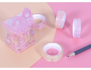 Detail of four-roll cartoon crystal tape set featuring pink peach girl patterns