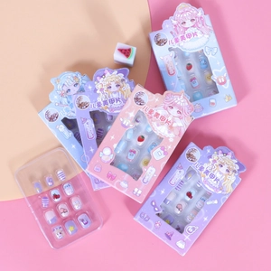 Kids press-on nail kit with colorful cartoon heart and fruit patterns for girls
