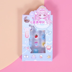 Kids press-on nail kit with cute cartoon patterns in a lovely blue princess box