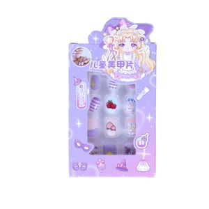 Kids press-on nail kit featuring purple cartoon magic witch packaging and 12 cute fruit tips