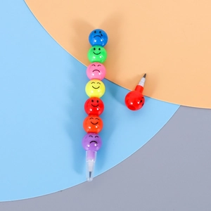 Detailed view of colorful stackable emoji pencils with detachable vibrant color segments