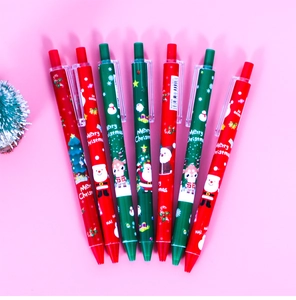 Detail of 0.5mm retractable Christmas pens with festive Santa and reindeer patterns