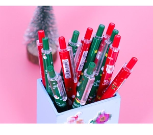 Detail of 0.5mm retractable Christmas pens with festive patterns and transparent clips