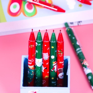 Christmas themed 0.5mm retractable gel pen set with festive patterns and pen holder
