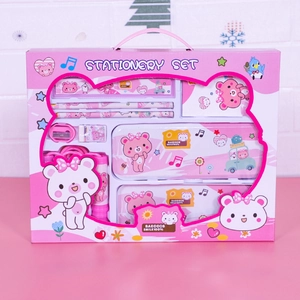 Pink children's stationery gift set including pencil case and jump rope in window box