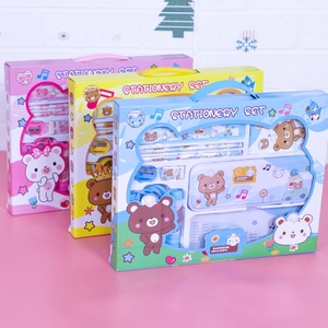 Three colorful children stationery sets featuring cartoon bears with pencil boxes and accessories