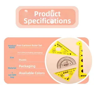 Detail view of cartoon giraffe pattern geometry set including ruler and protractor