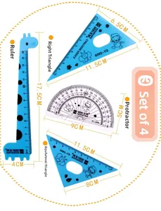 Detailed four-piece geometric ruler set featuring blue translucent giraffe and monkey designs