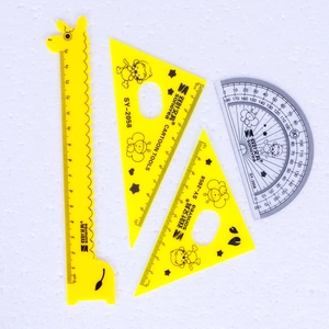 Cartoon giraffe ruler set with triangle and protractor for students drawing tools