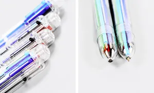 Detail showing the transparent barrel multi-color ballpoint pen with 0.5mm bullet tip