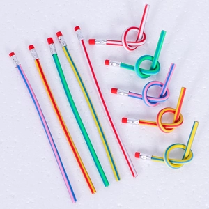Flexible magic soft pencils with colorful stripes and erasers, bent into knots