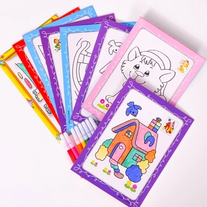 Detail of children coloring card set with multiple cartoon patterns and markers