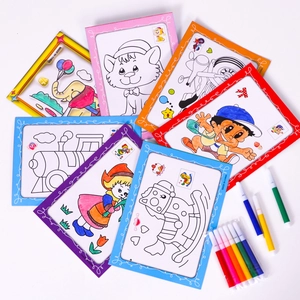 Detail of children's coloring card set showing cartoon line art and colorful marker pens