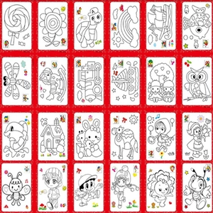 Detailed grid of 24 diverse coloring card patterns with miniature color guides for kids