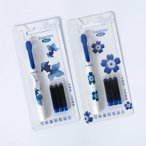 Ergonomic fountain pen set with 3 ink cartridges and blue porcelain design