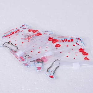 Three clear PVC zipper bags for erasers with cartoon bears and red hearts on bead chains