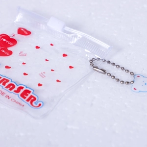Clear PVC eraser storage bag with red heart patterns and blue bear pendant chain