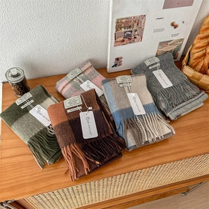 Classic 100% pure wool plaid scarf set with soft fringes in various autumn colors