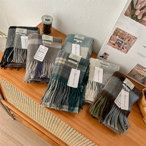 Classic 100% pure wool plaid scarves for women with fringe trim in various colors