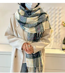 Detail shot of the thick British style plaid scarf with classic tassels and soft knit texture