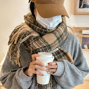 Plaid tassel scarf in autumn colors with fringe details and soft wool blend texture