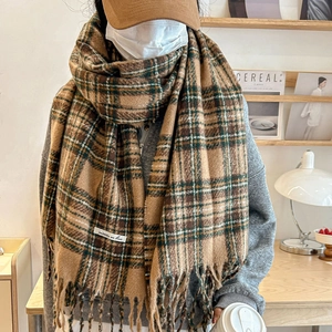 Winter vintage plaid scarf with long tassels in earth tones and thick fluffy texture