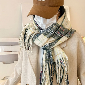 Retro Plaid Faux Cashmere Scarf For Women Winter Warm Tassel Shawl Wrap Soft Checked Pashmina Casual Elegant Neck Warmer