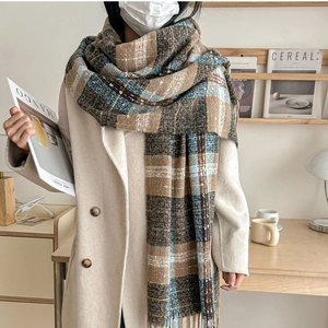 Retro plaid oversized warm scarf with tassel details in brown and light blue colors