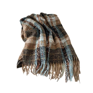 Classic checkered wool-like scarf in blue and brown with fringe details for autumn and winter
