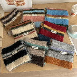 Soft striped knit wool scarf for women with fluffy texture in vibrant color block design