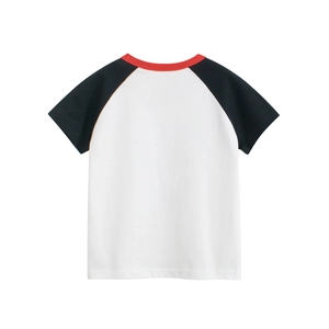 Close-up of raglan sleeve detail and contrast ribbed neckline on kids cotton T-shirt
