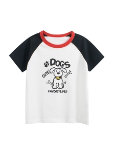 Kids Raglan Short Sleeve T-shirt Pure Cotton Cartoon Dog Print Casual Breathable Summer Top For Boys And Girls