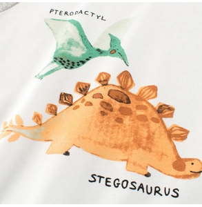 Gros plan sur tissu en coton doux avec imprimés colorés de ptérodactyle et stégosaure