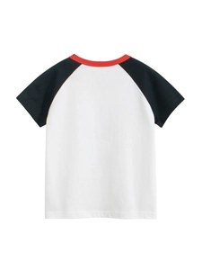 Kids short sleeve raglan t-shirt with white body and black sleeves from the back view