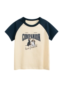 T-Shirt À Manches Courtes En Coton Pour Enfants Imprimé Chien Dessin Animé Raglan Couleur Contrastée Col Rond